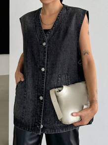 Dazy Star 女士休闲宽松牛仔背心，单排扣设计，春秋 - 灰色 - 查看 3