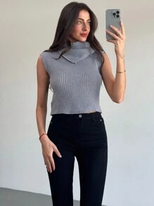 Aloruh 灰色独特领口修身短款女式毛衣背心 - 灰色 - 查看 7