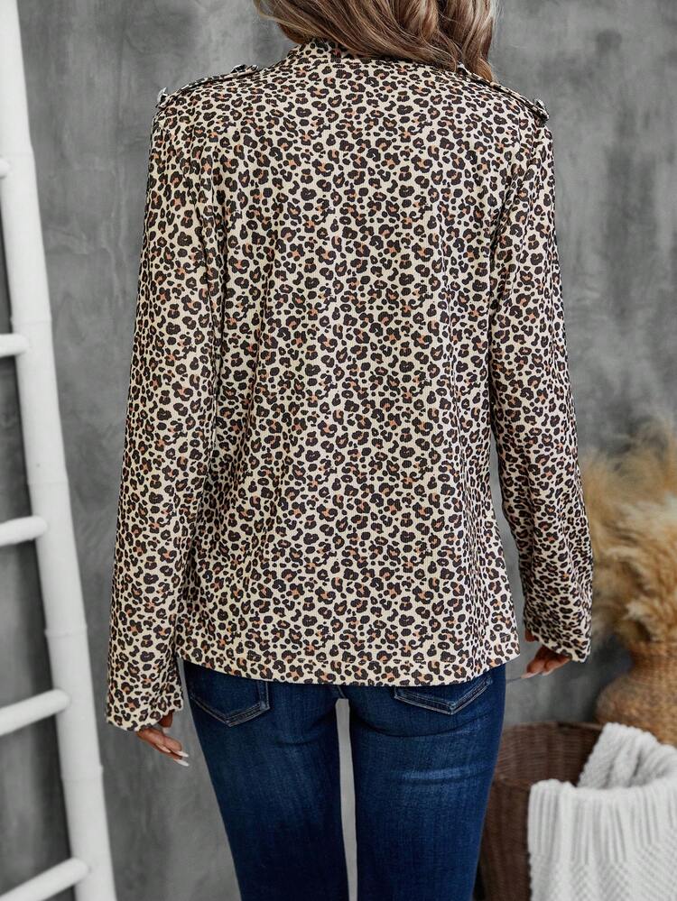 Women's Leopard Print Button Front Casual Jacket, Long Sleeve