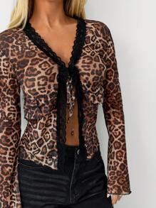SHEIN Unity Women's Leopard Print Sheer Lace Trim Tie Flared Sleeve Long Sleeve T-Shirt Fall Cloth For Women - Multicolor - View 6