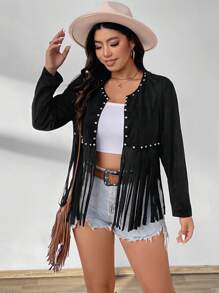 Front Beaded Tassel Hem Plus Size Long Sleeve Jacket Fall Winter Cloth For Women Autumn - Black - View 5