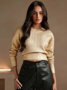 Anewsta Women's Solid Color Spray Coated Crew Neck Long Sleeve Minimalist Sweater For Casual Wear For New Year Holiday Party Clothes Knit Pullover Fall Winter Outfit - Gold - View 1