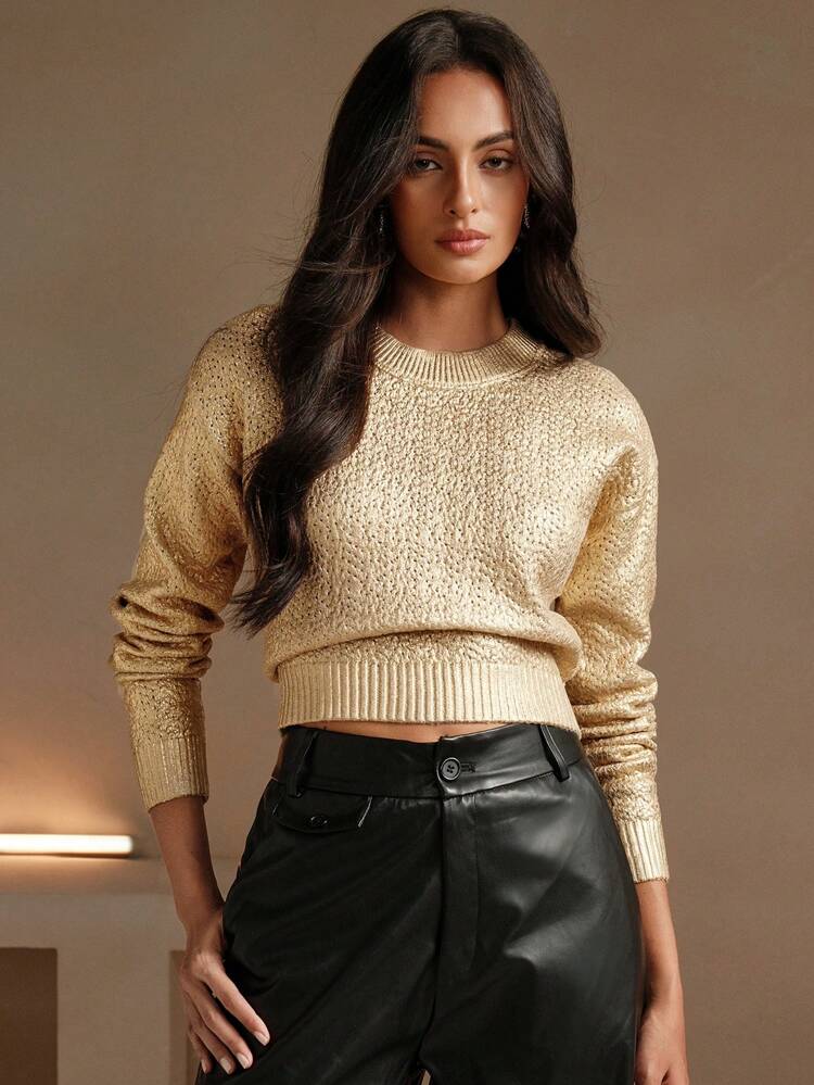 Women's Solid Color Spray Coated Crew Neck Long Sleeve Minimalist Sweater For Casual Wear For New Year Holiday Party, Knit Pullover Fall Winter