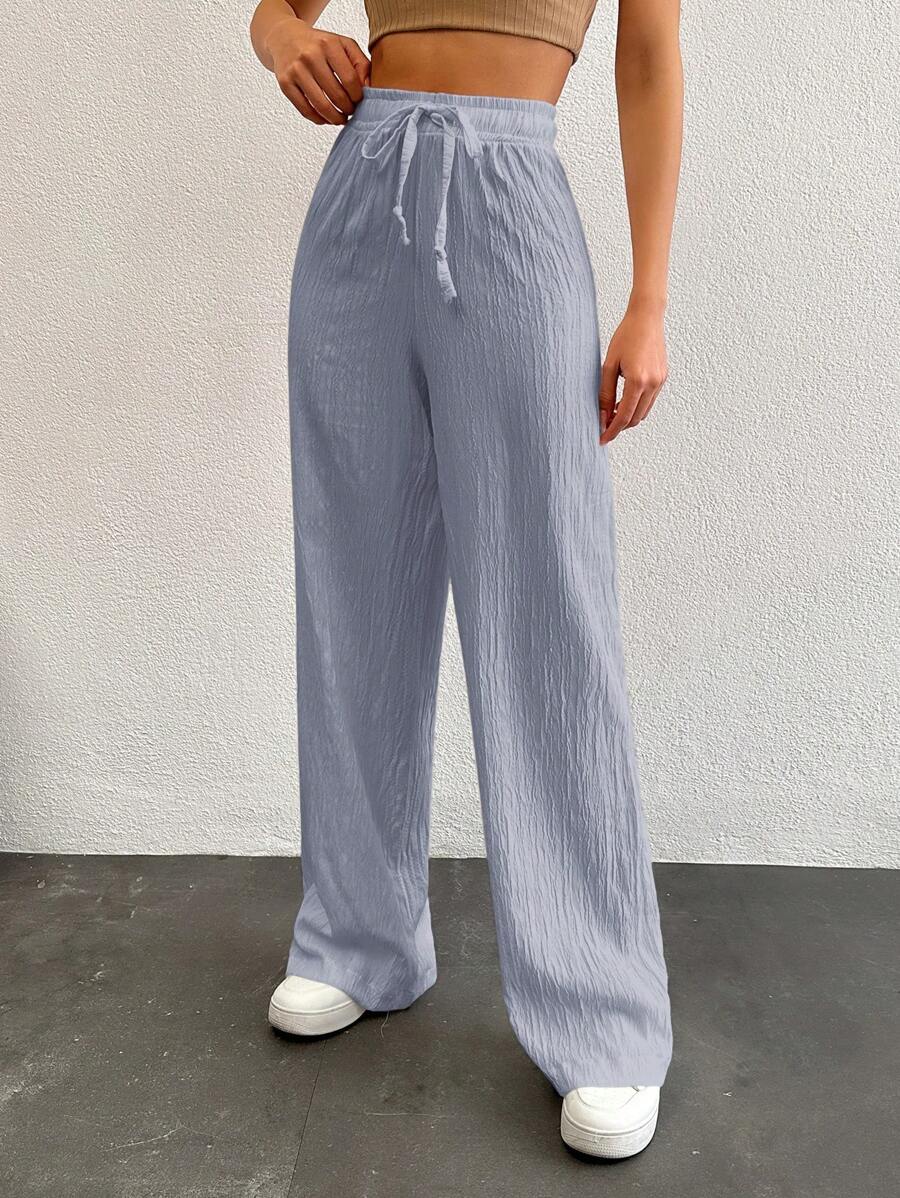 SHEIN Tall 棉质高腰女式纯色长腰抽绳裤 - 淺藍色 - 查看 1