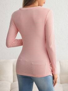 SHEIN Maternity Spring & Fall Casual Striped Ruched Slim Fit Long Sleeve T-Shirt