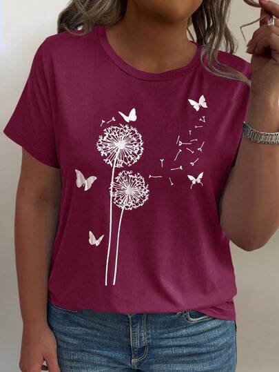 EMERY ROSE Plus Size Women Dandelion Print Round Neck Short Sleeve T-Shirt For New Year Clothes Graphic Tees Women Tops