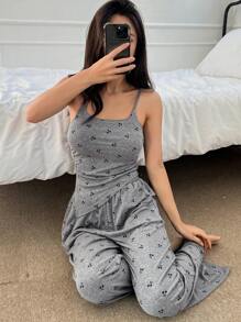 DAZY Asymmetrical Allover Print Loose Straight Leg Jumpsuit Pajama Set - Grey - View 5