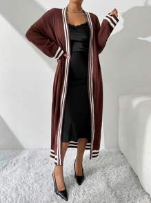 SHEIN Essnce كارديجان بياقة مستديرة نسائي منقوش مخطط طويل الأكمام كارديجان بتصميم واسع للموسم البارد - متعدد الألوان - مشاهدة 5