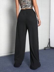 SHEIN EZwear Women's Streetwear Casual Goth Casual Drawstring Waist Straight-Leg Jogger Pants With Textured Fabric - Black - View 2