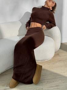 Flirla Set de 2 piezas que incluye un jersey ajustado de cuello alto y manga larga, y una falda con bajo de sirena, conjunto de otoño