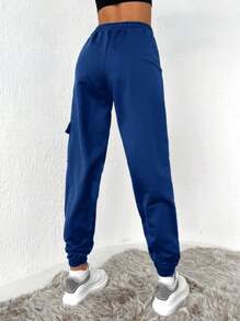 Cottnline Women's High Waist Elastic Drawstring Tapered Leg Solid Color Sweatpants - Blue - View 2