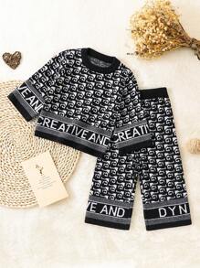 SHEIN 2pcs Baby Girls Houndstooth Sweater And Wide Leg Pants Set, Fashionable Knit Outfit For Fall/Winter - Multicolor - View 1