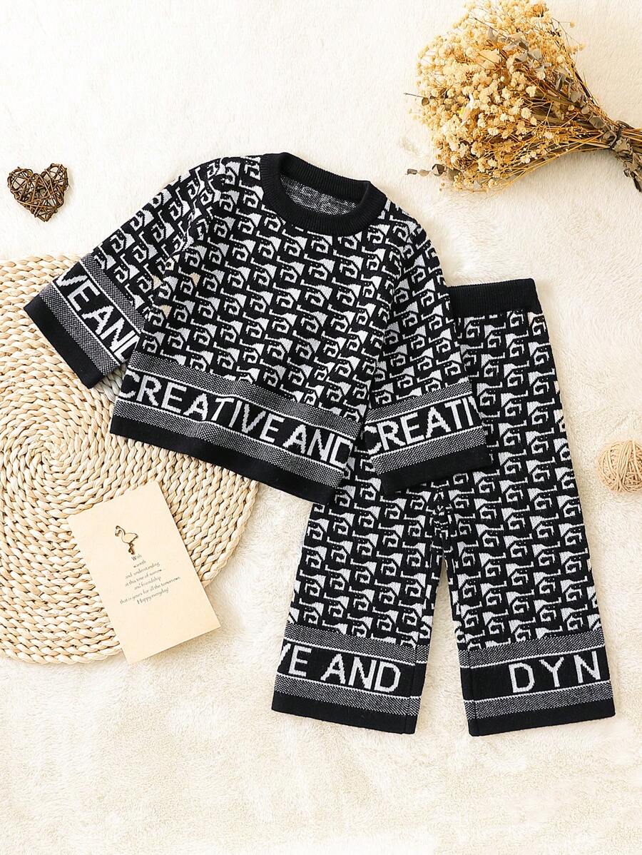 SHEIN 2pcs Baby Girls Houndstooth Sweater And Wide Leg Pants Set, Fashionable Knit Outfit For Fall/Winter - Multicolor - View 1