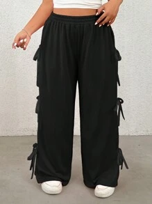 SHEIN EZwear Pantalón de chándal holgado de talla grande con lazo negro vintage