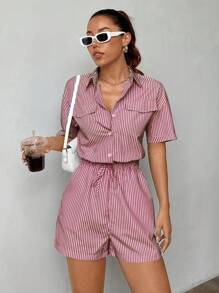 Flirla 1pc Summer Striped Waist Romper - Burgundy - View 6
