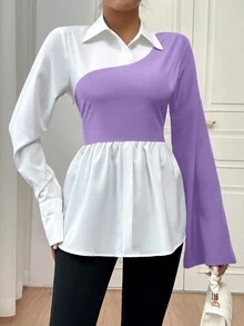 SHEIN Privé Áo sơ mi dài tay màu tương phản đen trắng thoải mái thường ngày cỡ lớn dành cho nữ có viền rộng - Màu tím - Xem 5