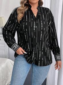 SHEIN LUNE 大码休闲通勤印花长袖衬衫 - 彩色 - 查看 4