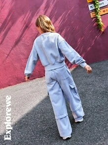 SHEIN 2 件套休闲幼儿女孩扎染图案长袖套头衫和裤子套装，户外休闲风格 - 藍色 - 查看 2