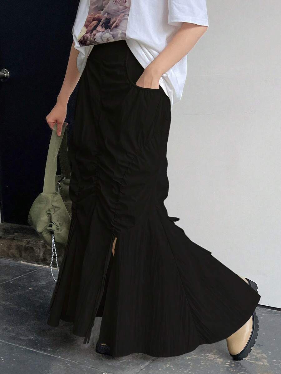 FRIFUL Women's Casual Solid Color Ruched Slit Skirt, Spring Autumn - Black - View 1