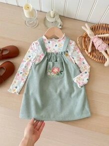 SHEIN LMoss Kids LMoss Baby Girl Baby Girl Dễ Thương Mùa Thu Vải Nhung Thêu Hoa Dây Đeo Và Bộ Áo Dài Tay Họa Tiết Hoa Ditsy - màu nâu - Xem 7