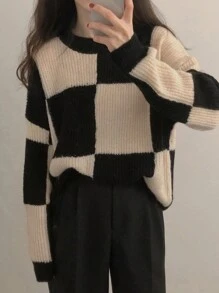 DAZY 女士圆领长袖格子简约毛衣，休闲日常，冬装，秋装 - 黑色 - 查看 4