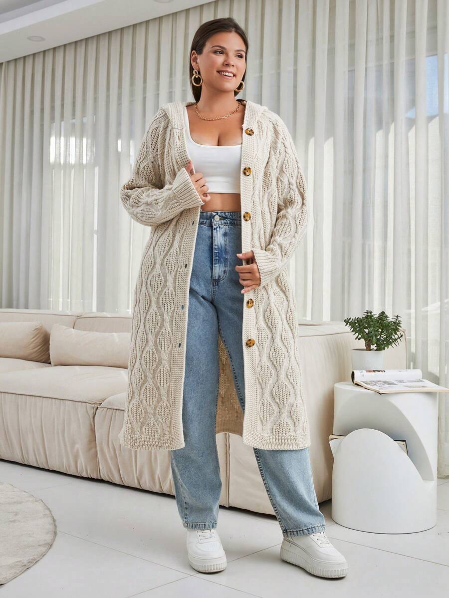 EURMUSE Plus Size Casual Hooded Cable Knit Cardigan - Beige - View 1