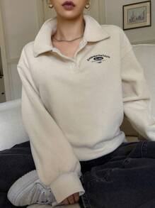 DAZY 女士宽松字母刺绣翻领长袖卫衣，长袖上衣，秋季女装，保暖内衬 - 杏色 - 查看 1