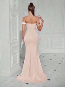 ADYCE Solid Color Off-Shoulder Elegant Ruched Open Back High Slit Cinched Waist Maxi Cocktail Dress, Suitable For Birthday, Wedding Guest, Graduation Ceremony, Gala, Homecoming And Other Semi-Formal Occasions - Apricot - View 2