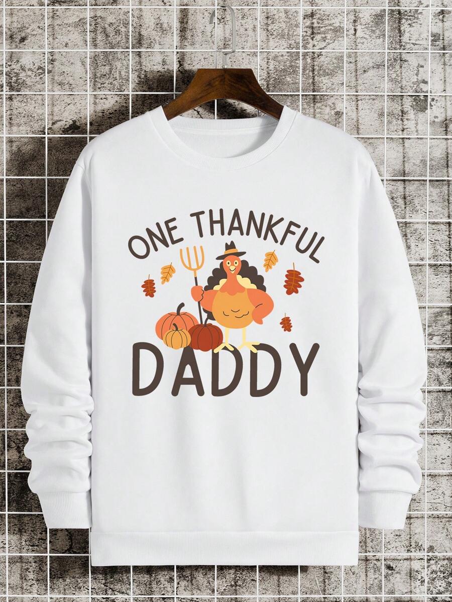 Men's Thanksgiving Turkey Print Ribbed Crew Neck Sweatshirt, Family Matching