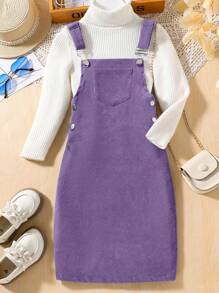SHEIN Tween Girl Solid Color Slip Corduroy Overall Dress - Minimalist & Fashionable, Classic High Waist Design, Spaghetti Strap, Soft & Breathable, Suitable For Summer Matchingholiday,Summer,Travel,Getaway - Purple - View 3