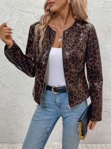Ellevyn Women's Leopard Print PU Lined Thick Front Zip Up Jacket