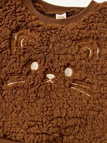 Cozy Pixies 2pcs Baby Girls Cute Cat Print Thickened Crew Neck Sweatshirt And Pants Set - Brown - View 3