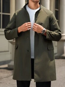 Manfinity Bizformal 男士纯色立领休闲风衣，秋季 - 軍綠色 - 查看 3