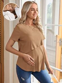 SHEIN 孕妇夏季休闲纯色短袖哺乳 T 恤 - 卡其色 - 查看 1