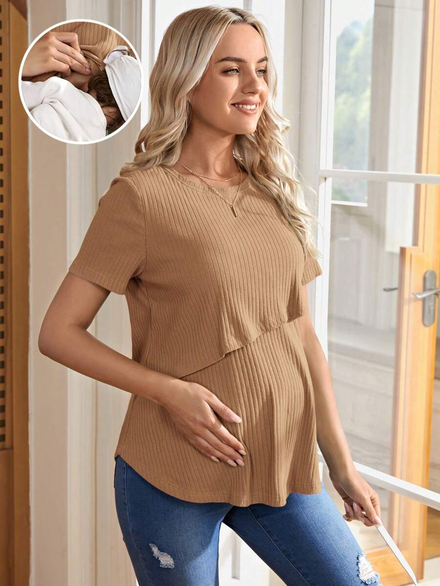 SHEIN 孕妇夏季休闲纯色短袖哺乳 T 恤 - 卡其色 - 查看 1