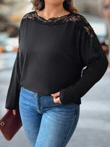 SHEIN LUNE Plus Size Women Black Spring And Summer Splicing Lace Long Sleeve Elegant T-Shirt