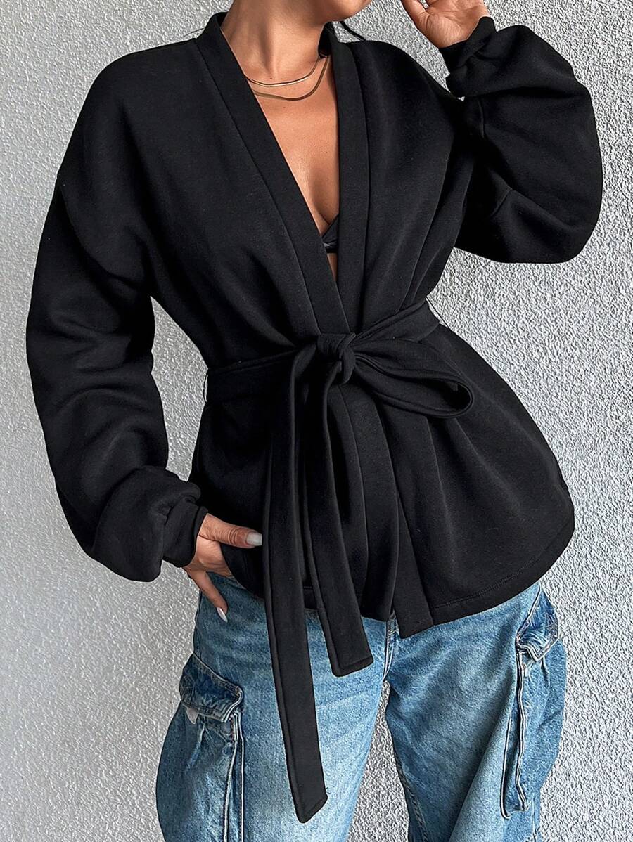 SHEIN Cottnline Solid Drop Shoulder Belted Coat - Black - View 1