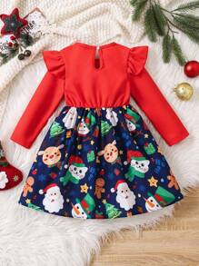 Toddler Girls' Cute & Artsy Christmas Themed Reindeer, Santa Claus, Christmas Tree Print Long Sleeve Ruffle Trim Waffle Knit Party Dress, Autumn - Multicolor - View 2