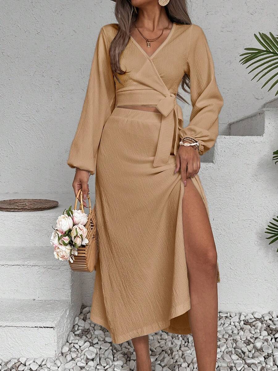 RueChic Women's Crossed Bowknot High Slit Romantic Vacation 2-Piece Set - Beige - View 1
