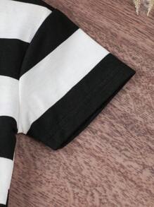 SHEIN 年轻男孩休闲条纹圆领短袖 T 恤，夏季 - 黑與白 - 查看 3