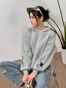 SHEIN Teen Girls Gray Spider Web Print Casual Drawstring Sweatshirt For Fall Winter Everyday Wear - Grey - View 2