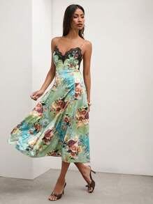 COSMINA Women's Floral Print Contrast Lace Elegant Cami Party Gala Cocktail Dress