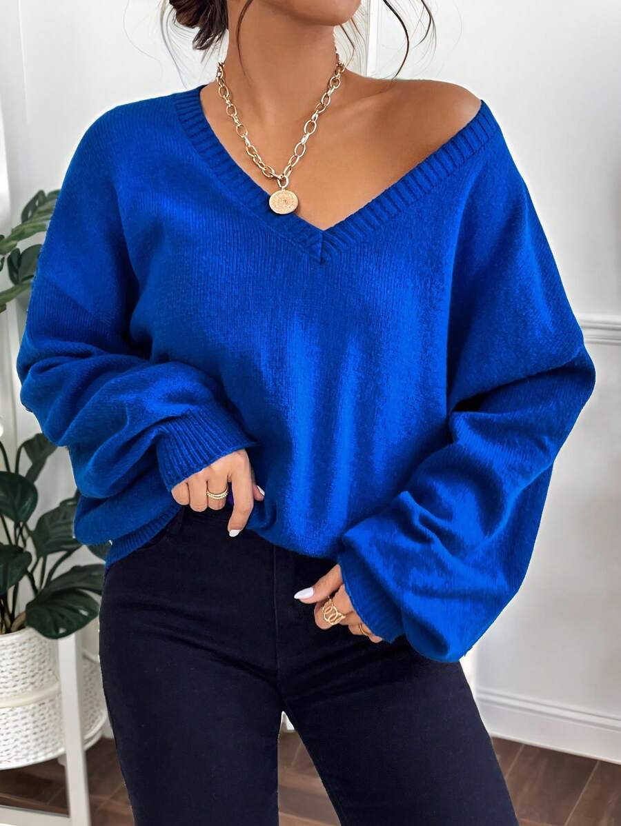 SHEIN VCAY Plus Size Solid Color Lantern Sleeve V-Neck Simple Knit Sweater, Casual Daily Wear - Blue - View 1
