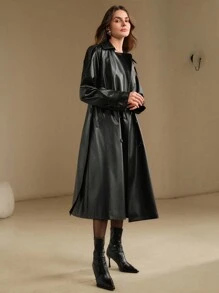 Anewsta Classic Lace-Up PU Leather Wind Jacket - Black - View 4