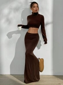 Flirla Set de 2 piezas que incluye un jersey ajustado de cuello alto y manga larga, y una falda con bajo de sirena, conjunto de otoño