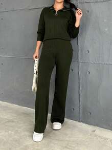SHEIN Cottnline Casual Rib Knit Soft Touch Mock Golden Half Zipper Neck Sweater & Wide Leg Rib Knit Sweater Pants 2 Piece Set - Army Green - View 6