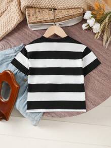 SHEIN 年轻男孩休闲条纹圆领短袖 T 恤，夏季 - 黑與白 - 查看 2