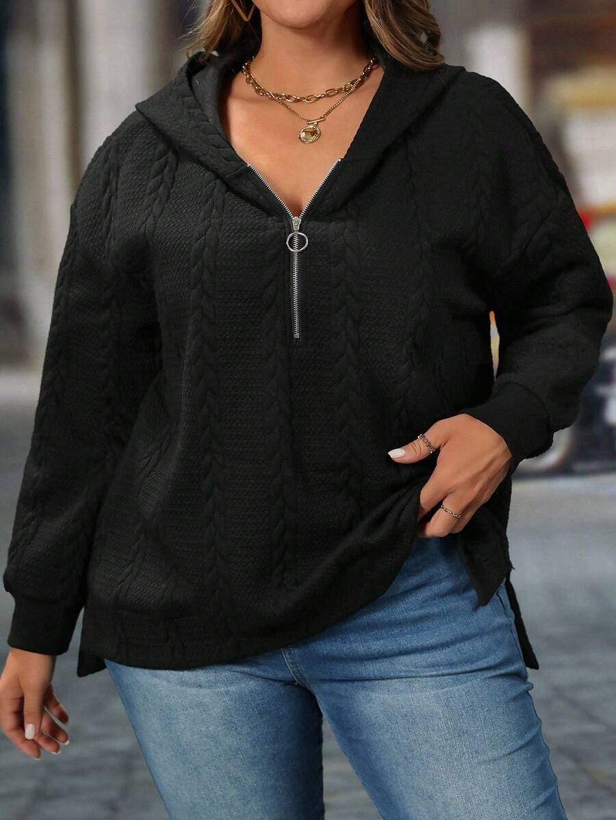 SHEIN LUNE Áo nỉ dài tay cổ bẻ dáng lửng màu trơn dành cho nữ cỡ lớn, kiểu dáng thường ngày, thích hợp mặc mùa thu/đông. - Xám - Xem 1