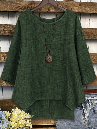 Joress Cămașă cu tunică asimetrică înalt-jos, cu gât rotund, mânecă 3/4