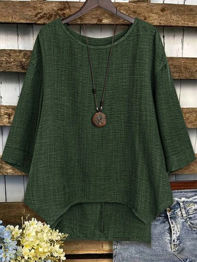 Joress Plus Size Women Linen Asymmetric High-Low Tunic Shirt, Round Neck 3/4 Sleeve